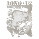 Imagem estilizada de Bono, vocalista da banda U2, com óculos escuros, destacando traços faciais e cabelo. Design em tons de cinza e branco sobre fundo verde. Ideal para fãs de música e cultura pop.