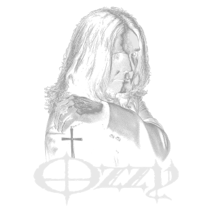 Imagem em preto e branco de Ozzy Osbourne, ícone do rock, com cabelo longo e uma expressão contemplativa, segurando uma cruz em um fundo verde. O nome "Ozzy" está estilizado abaixo da imagem, destacando sua presença na música e cultura rock.