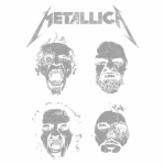 Imagem com ilustrações de rostos distorcidos representando membros da banda Metallica, com o logotipo da banda acima. O design tem um estilo sombrio e artístico, integrando elementos de metal e expressão intensa.