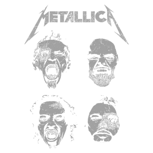 Imagem com ilustrações de rostos distorcidos representando membros da banda Metallica, com o logotipo da banda acima. O design tem um estilo sombrio e artístico, integrando elementos de metal e expressão intensa.