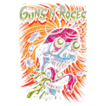 Ilustração colorida e psicodélica da banda Guns N' Roses, destacando uma caveira com olhos grandes, língua de fora e fluído verde, cercada por insetos e um fundo vibrante de cores quentes. Ideal para fãs de rock e arte gráfica.