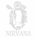 Logo da banda Nirvana, com uma ilustração estilizada de um dos membros usando óculos escuros, em um fundo verde.