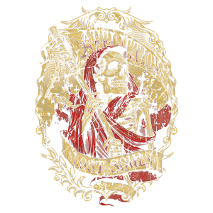 Ilustração de uma figura esquelética com manto vermelho segurando um cetro, em um design elaborado com o texto "Affliction Lost Souls", evocando temas góticos e sombrios. Ideal para representar a cultura do medo e o misticismo.