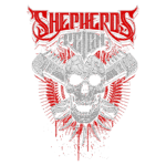 Arte da banda Shepherd's Reign, apresentando um crânio estilizado com facas cruzadas e detalhes em vermelho, simbolizando metal e rebeldia.