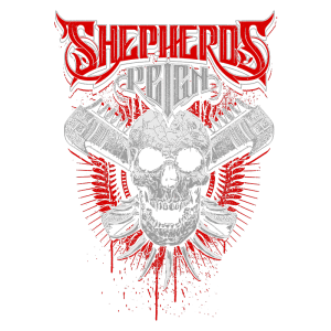 Arte da banda Shepherd's Reign, apresentando um crânio estilizado com facas cruzadas e detalhes em vermelho, simbolizando metal e rebeldia.