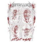 Capa de álbum da banda Metallica com quatro rostos distorcidos em expressões de raiva e sofrimento, destacando elementos de violência e horror, com a frase "SIT OUT THE BONE" em destaque. O fundo apresenta uma paleta de cores escuras e vermelhas, simbolizando o tema intenso do metal.