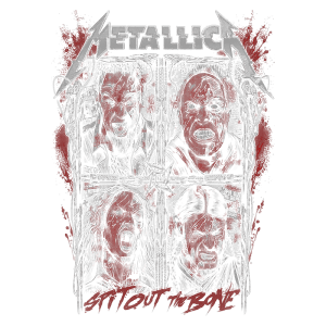 Capa de álbum da banda Metallica com quatro rostos distorcidos em expressões de raiva e sofrimento, destacando elementos de violência e horror, com a frase "SIT OUT THE BONE" em destaque. O fundo apresenta uma paleta de cores escuras e vermelhas, simbolizando o tema intenso do metal.