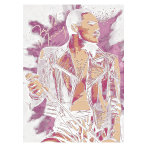 Ilustração de Freddie Mercury, vocalista da banda Queen, vestindo uma jaqueta de couro e segurando um microfone. O fundo apresenta tons de roxo, refletindo sua energia vibrante e estilo marcante.
