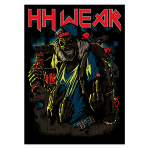 Ilustração vibrante de um personagem com aparência de zumbi, usando boné e camiseta, segurando uma bebida e uma mochila, com a assinatura "HH WEAR" em destaque. Diseño inspirado no estilo streetwear, refletindo uma estética urbana e alternativa.