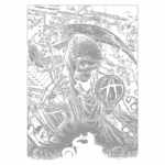 Imagem de arte com tema anarquista, mostrando uma figura esquelética com uma foice, simbolizando a morte, e segurando um símbolo do anarquismo. Ao fundo, elementos mecânicos e gráficos técnicos. Um motociclista é visto na parte inferior, representando liberdade e rebeldia. Ideal para cultura pop e design gráfico.