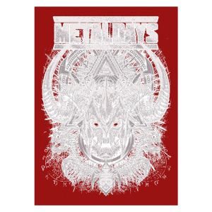 Arte gráfica do festival MetalDays, apresentando uma imagem central de um demônio com chifres, rodeado por elementos e símbolos místicos em um fundo vermelho. Ideal para fãs de metal e cultura rock.
