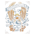 Design gráfico inspirado na banda Foo Fighters, apresentando uma águia com asas abertas sobre um crânio adornado com flores. O nome "Foo Fighters" está destacado em uma faixa acima da águia.