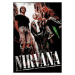 Imagem estilizada da banda Nirvana, composta por três integrantes, em um ambiente urbano. Eles estão vestidos com roupas típicas do grunge, destacando-se em um cenário de ruas e paredes. O nome "NIRVANA" é apresentado em destaque na parte inferior da imagem.