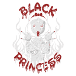 Imagem com uma ilustração de uma princesa gótica, chamada "Black Princess", com características de boneca, sangue escorrendo do rosto e tatuagens visíveis. O fundo apresenta chamas estilizadas, e as palavras "BLACK PRINCESS" estão escritas em um estilo de grafite sangrento.