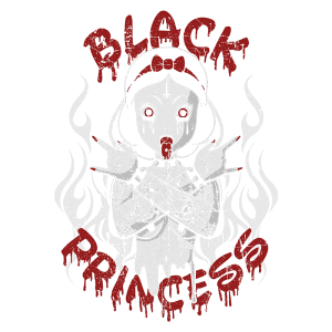 Imagem com uma ilustração de uma princesa gótica, chamada "Black Princess", com características de boneca, sangue escorrendo do rosto e tatuagens visíveis. O fundo apresenta chamas estilizadas, e as palavras "BLACK PRINCESS" estão escritas em um estilo de grafite sangrento.