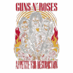 Arte ilustrativa da banda Guns N' Roses, apresentando os membros em forma de caveiras com óculos escuros, rodeados por rosas vermelhas e chamas. O design faz referência ao álbum "Appetite for Destruction".