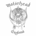 Logotipo da banda Motörhead, com um design icônico de um porco-espinho, incluindo os textos "Motörhead" e "England", em um fundo verde.
