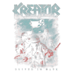 Arte da banda Kreator, apresentando soldados com capacetes em um cenário sombrio, segurando uma bandeira. As figuras estão envoltas em cores escuras e manchadas de vermelho, simbolizando o tema "United in Hate".