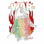 Imagem artística de um cantor expressando intensidade emocional, com a palavra "WAR" em destaque. O fundo apresenta chamas e cores vibrantes, enquanto letras de uma canção sobre igualdade e paz são integradas em verde e vermelho. A arte reflete temas de resistência e luta contra a discriminação.
