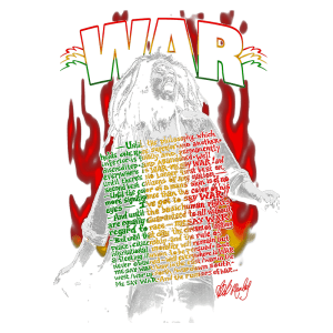 Imagem artística de um cantor expressando intensidade emocional, com a palavra "WAR" em destaque. O fundo apresenta chamas e cores vibrantes, enquanto letras de uma canção sobre igualdade e paz são integradas em verde e vermelho. A arte reflete temas de resistência e luta contra a discriminação.