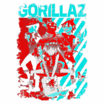 Arte digital da banda Gorillaz, apresentando os quatro membros animados em estilo vibrante e colorido, com o protagonista segurando uma guitarra. A imagem tem fundo azul e vermelho, destacando o nome "GORILLAZ" em uma tipografia marcante.