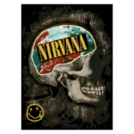 Imagem de uma caveira estilizada com a palavra "NIRVANA" destacada dentro de uma ilustração colorida, cercada por elementos artísticos em um fundo escuro. Ideal para fãs de rock alternativo e cultura pop.