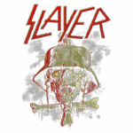 Arte de capa da banda de metal Slayer, apresentando um zumbi com capacete e ossos cruzados, em estilo gráfico intenso e vibrante, com o nome da banda em vermelho no topo.