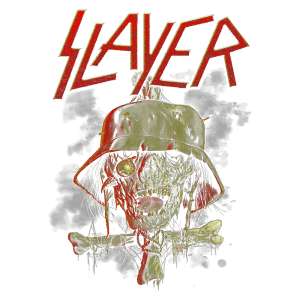 Arte de capa da banda de metal Slayer, apresentando um zumbi com capacete e ossos cruzados, em estilo gráfico intenso e vibrante, com o nome da banda em vermelho no topo.