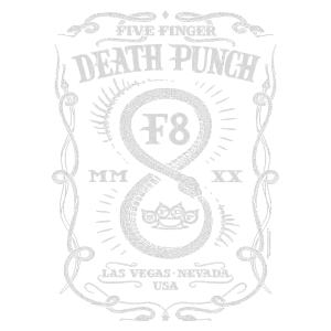 Design gráfico da banda Five Finger Death Punch, destacando o logotipo "F8" com um motivo de cobra e elementos decorativos, referência ao álbum lançado em Las Vegas, Nevada, em 2020.