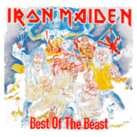 Capa do álbum "Best Of The Beast" da banda Iron Maiden, apresentando personagens icônicos e a mascote Eddie em um cenário dramático com elementos como raios e uma bandeira britânica.