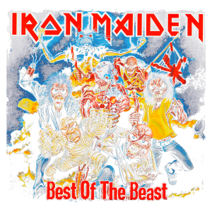 Capa do álbum "Best Of The Beast" da banda Iron Maiden, apresentando personagens icônicos e a mascote Eddie em um cenário dramático com elementos como raios e uma bandeira britânica.