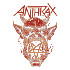 Logotipo da banda Anthrax, apresentando uma ilustração de um rosto demoníaco com expressão feroz, segurando um pentagrama na boca. O fundo é verde, destacando o design impactante e a estética do heavy metal.