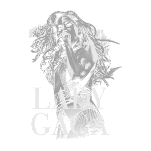 Imagem em preto e branco de Lady Gaga em uma performance ao vivo, segurando um microfone, com texto estilizado "LADY GAGA" na parte inferior.