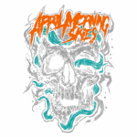 Imagem com uma ilustração de um crânio estilizado, cercado por ondas coloridas em tons de azul, e o texto "APRIL CRAVING SKIES" em um estilo gráfico ousado e vibrante. Ideal para promover arte de camisetas ou merchandise de bandas de metal.