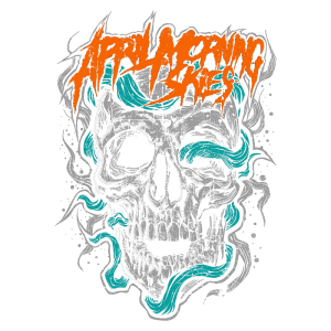 Imagem com uma ilustração de um crânio estilizado, cercado por ondas coloridas em tons de azul, e o texto "APRIL CRAVING SKIES" em um estilo gráfico ousado e vibrante. Ideal para promover arte de camisetas ou merchandise de bandas de metal.