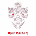 Imagem do icônico mascote Eddie, da banda de heavy metal Iron Maiden, com um design de rosto esquelético, olhos vermelhos brilhantes e detalhes metálicos. O nome "Iron Maiden" destacado em letras vermelhas abaixo da imagem.