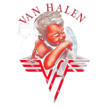 Imagem do logo da banda Van Halen, apresentando um menino com asas de anjo, apoiando o queixo sobre a mão. O fundo é decorado com uma representação artística do nome "Van Halen" e o símbolo da banda em vermelho.