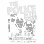 Cartaz do show da banda The Police realizado no GM Place, em Vancouver, BC, nos dias 28 e 30 de maio de 2007, com ilustrações dos integrantes e a cidade ao fundo.