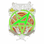 Logotipo da banda Anthrax com um círculo colorido, incluindo um pentagrama verde e elementos gráficos como uma caveira, mãos fazendo o gesto de rock e um fundo espiral vermelho e amarelo.