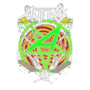 Logotipo da banda Anthrax com um círculo colorido, incluindo um pentagrama verde e elementos gráficos como uma caveira, mãos fazendo o gesto de rock e um fundo espiral vermelho e amarelo.