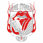 Logotipo da banda The Rolling Stones, apresentando os lábios icônicos em vermelho e um microfone vintage em destaque, com elementos decorativos em várias cores, simbolizando a energia do rock.