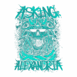 Ilustração com temática de metal, apresentando um crânio com detalhes em azul e um olho no centro, rodeado por uma moldura de cabelos longos e elementos de design psicodélico. A palavra "Asking" está destacada no topo e "Alexandria" na parte inferior. Design vibrante e impactante.