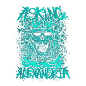 Ilustração com temática de metal, apresentando um crânio com detalhes em azul e um olho no centro, rodeado por uma moldura de cabelos longos e elementos de design psicodélico. A palavra "Asking" está destacada no topo e "Alexandria" na parte inferior. Design vibrante e impactante.