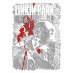 Imagem artística de Linkin Park com Chester Bennington em destaque, cantando intensamente. O fundo apresenta um design gráfico com elementos em preto, vermelho e branco, simbolizando a energia da banda e a presença marcante do vocalista. Ideal para fãs de rock e cultura musical.