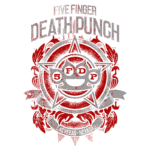 Logo da banda Five Finger Death Punch com a sigla "SFD" em um design estilizado, acompanhado por um fundo vermelho e elementos decorativos. Ideal para fãs de metal e rock progressivo.