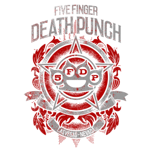 Logo da banda Five Finger Death Punch com a sigla "SFD" em um design estilizado, acompanhado por um fundo vermelho e elementos decorativos. Ideal para fãs de metal e rock progressivo.