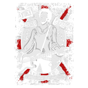 Ilustração de um músico segurando um baixo, com palavras "Sex and Drugs" e a frase "I killed rock and roll". O design possui manchas de tinta e um fundo texturizado, representando a cultura punk e a rebeldia da música rock.
