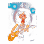 Caricatura de guitarrista com cabelo cacheado, usando óculos escuros e chapéu, tocando guitarra elétrica Les Paul. O fundo apresenta luzes de palco, criando um ambiente de show ao vivo.