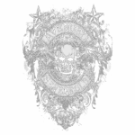 Logotipo da banda Avenged Sevenfold, apresentando um crânio com asas de morcego, rodeado por um design ornamental em estilo gótico e estrelas. Ideal para fãs de rock e metal.