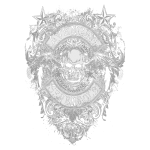 Logotipo da banda Avenged Sevenfold, apresentando um crânio com asas de morcego, rodeado por um design ornamental em estilo gótico e estrelas. Ideal para fãs de rock e metal.